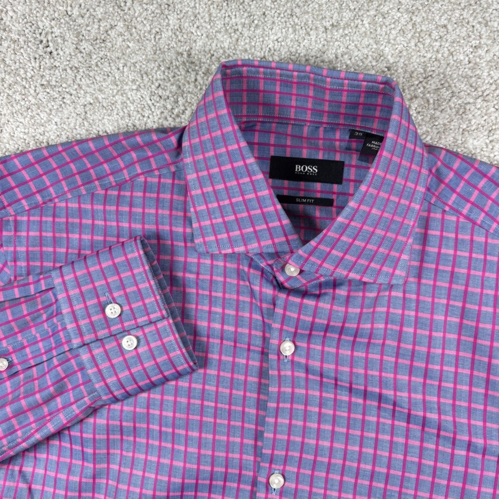 BOSS Dress Shirt Mens 15.5 Blue Pink Check Slim Fit Long Sleeve 01410
